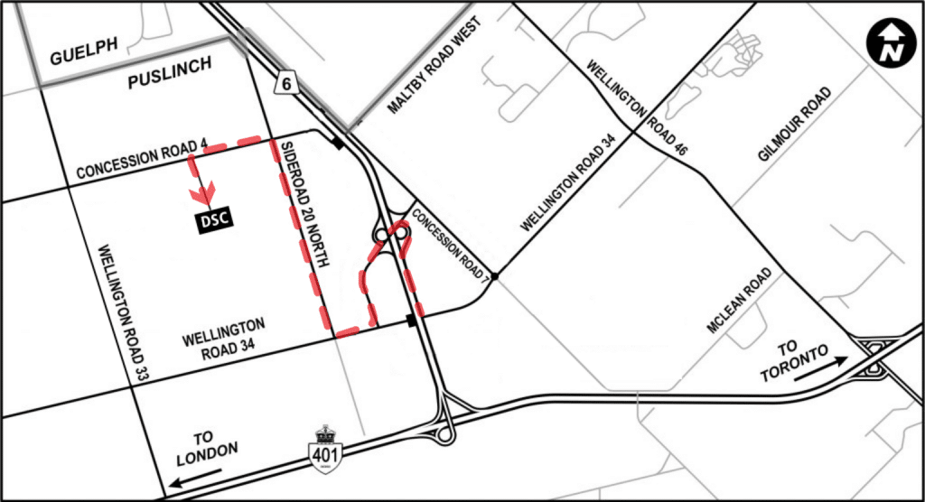 A map to the Donkey Sanctuary of Canada which shows an update to the route including the new interchange on highway 6 near Guelph